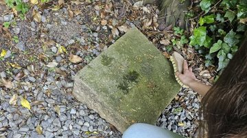 Liegender Grabstein der von einem Mädchen mit einer Bürste gereinigt wird.
